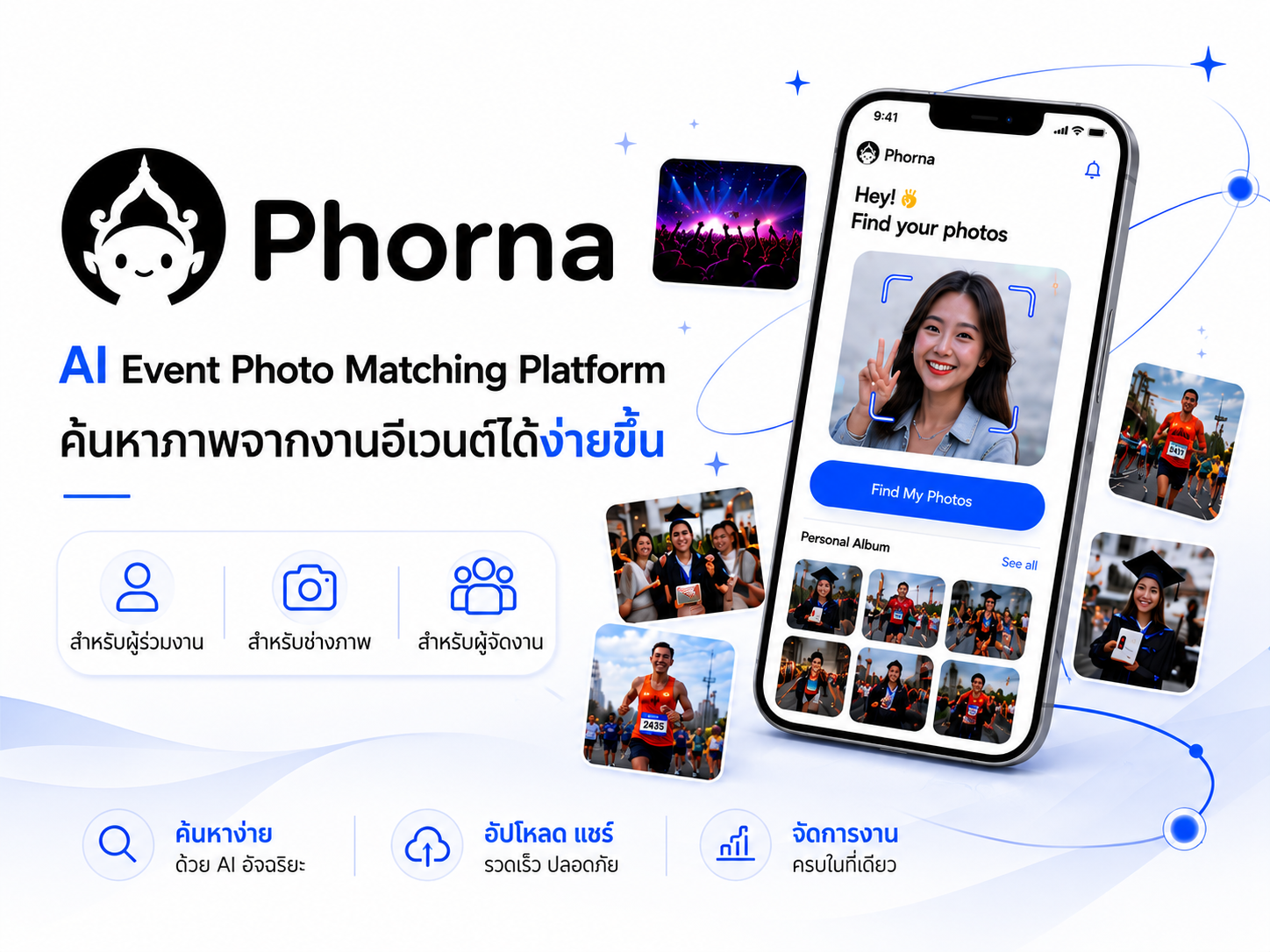 PhorNa AI Event Photo Matching Platform สำหรับค้นหาภาพจากงานอีเวนต์ด้วยเซลฟี่และสร้างอัลบั้มส่วนตัว