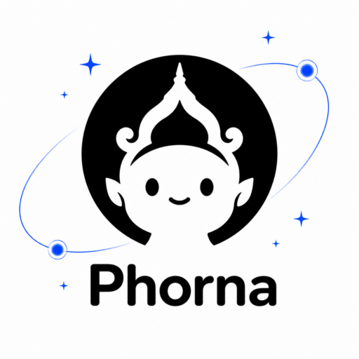 โลโก้ PhorNa มาสคอต AI สำหรับแพลตฟอร์มค้นหารูปจากงานอีเวนต์บนพื้นหลังขาวพร้อมเส้นวงโคจรสีน้ำเงิน